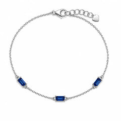 Sterling Silver Rhodium Plated Sapphire Moissanite Dainty Baguette Charm Adjustable Bracelet
