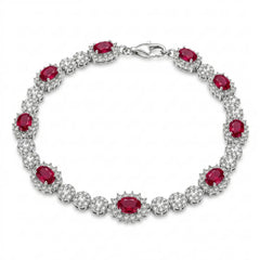 Sterling Silver Rhodium Plated Red Moissanite Halo Tennis Bracelet