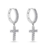 Sterling Silver Rhodium Plated Moissanite Cross Hoop Earring