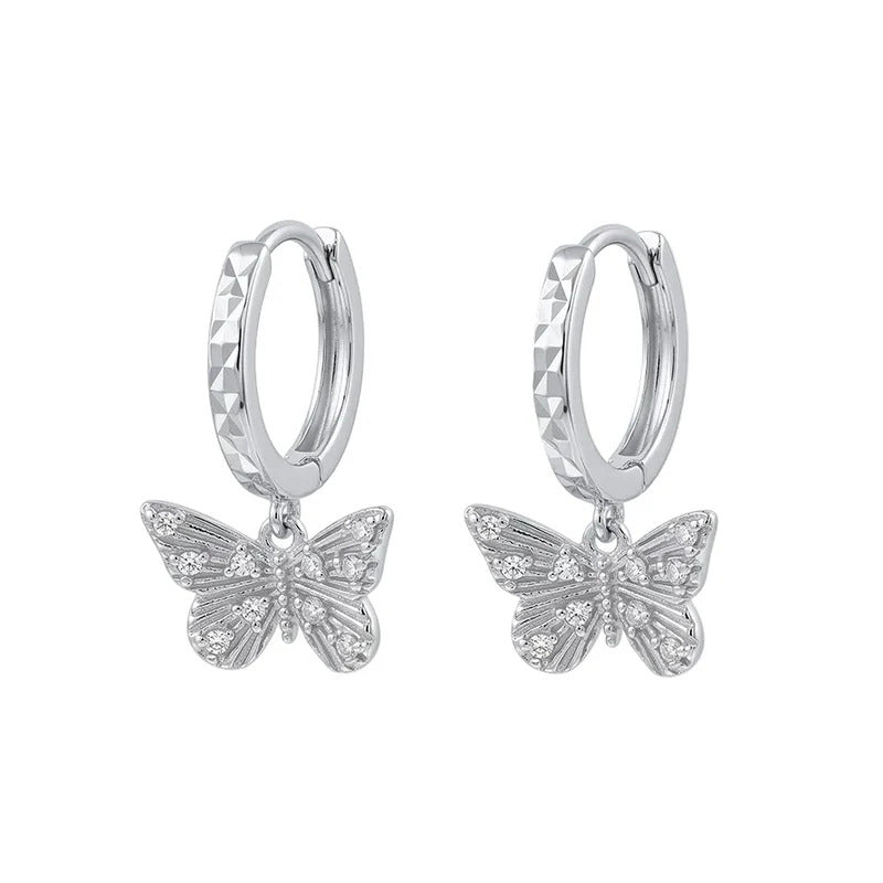 Sterling Silver Rhodium Plated Moissanite Diamond Cut Butterfly Hoop Earrings
