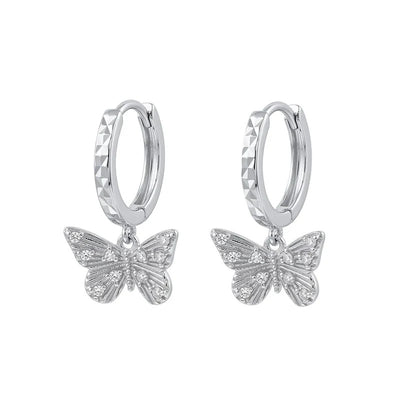 Sterling Silver Rhodium Plated Moissanite Diamond Cut Butterfly Hoop Earrings