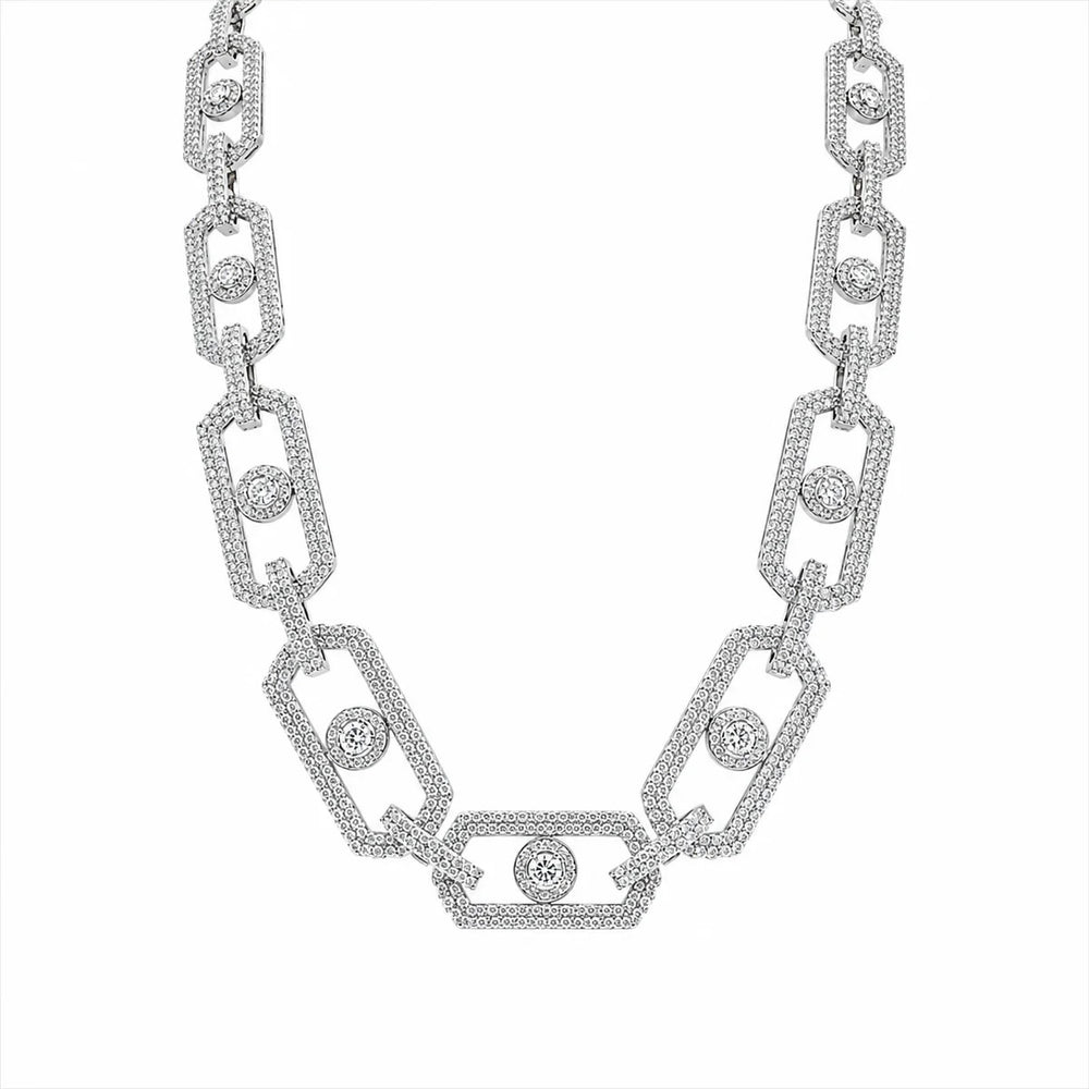 Sterling Silver Rhodium Plated Moissanite Geometric Link Pave Necklace