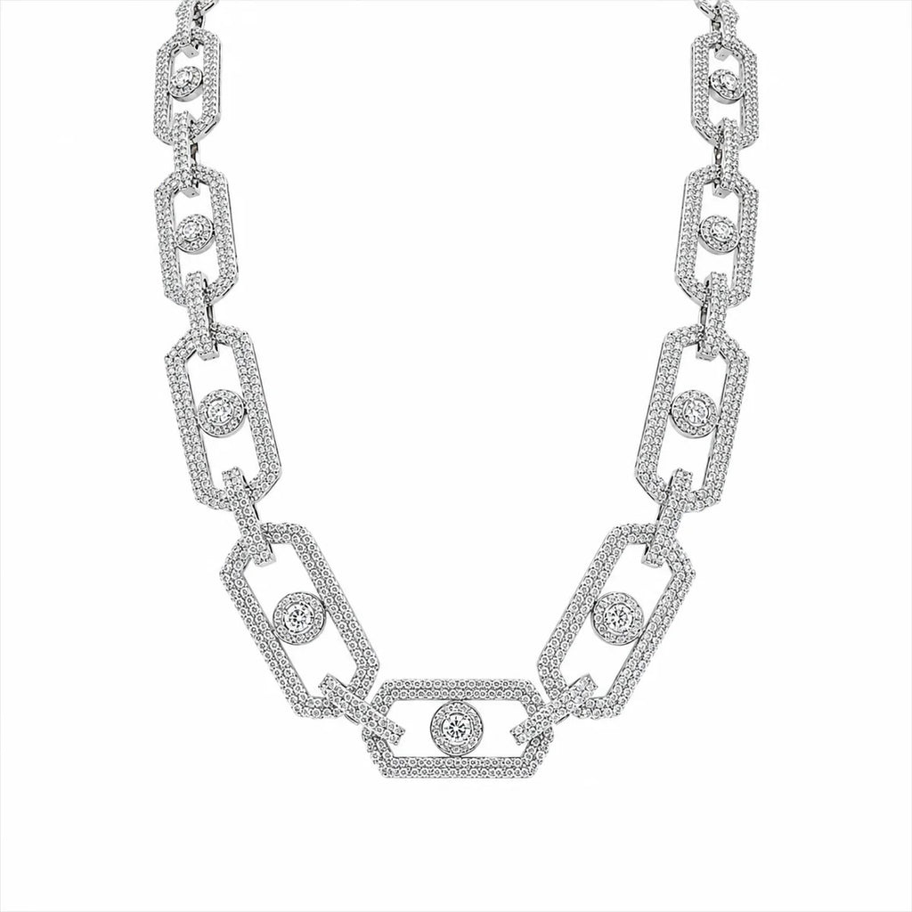 Sterling Silver Rhodium Plated Moissanite Geometric Link Pave Necklace
