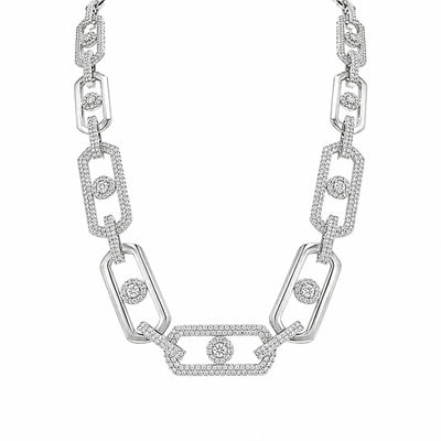 Sterling Silver Rhodium Plated Moissanite 13mm Geometric Alternating Link Pave Necklace