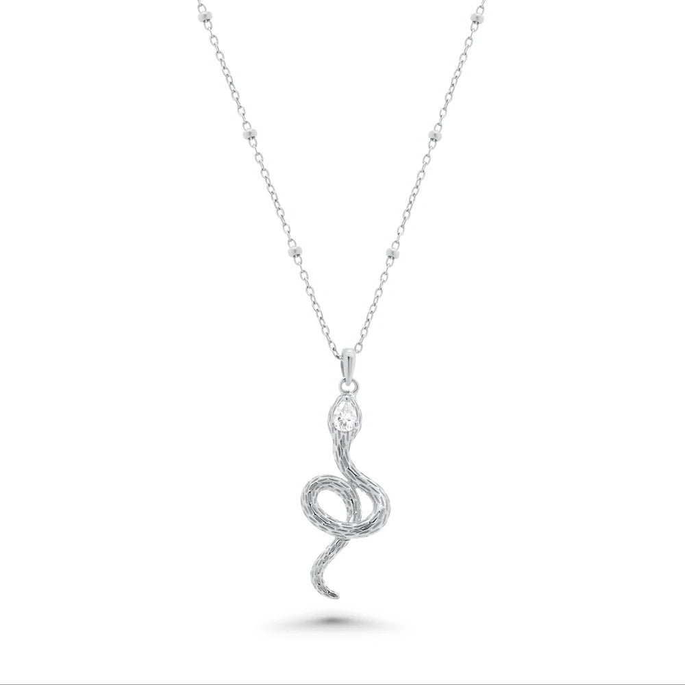 Sterling Silver Rhodium Plated Moissanite Snake With Bead Pendant Necklace