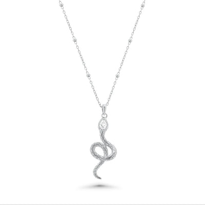 Sterling Silver Rhodium Plated Moissanite Snake With Bead Pendant Necklace