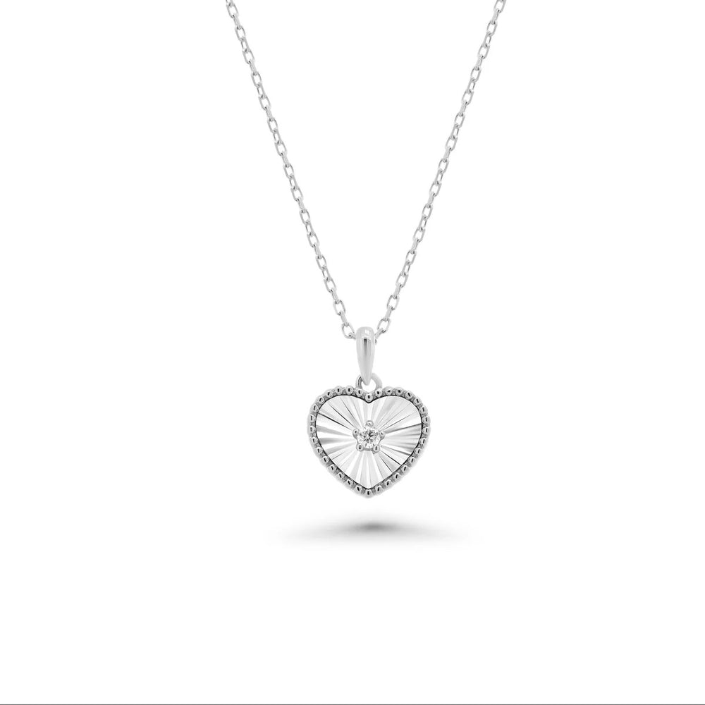 Sterling Silver Rhodium Plated Flutted Heart Moissanite Pendant Necklace