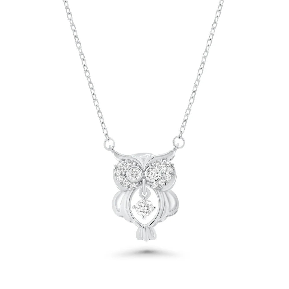 Sterling Silver Rhodium Plated Dancing Moissanite Owl Pendant Necklace