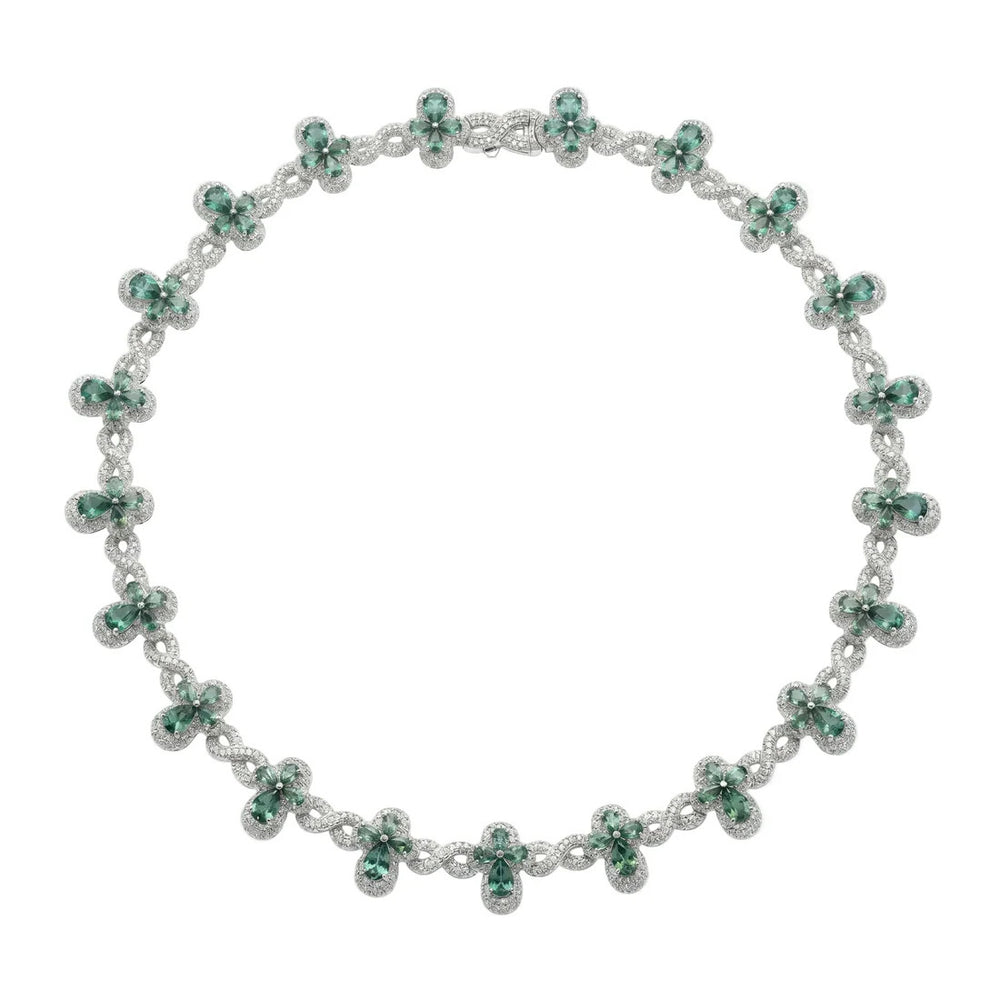 Sterling Silver Rhodium Plated Green Moissanite Infinity Cross Necklace