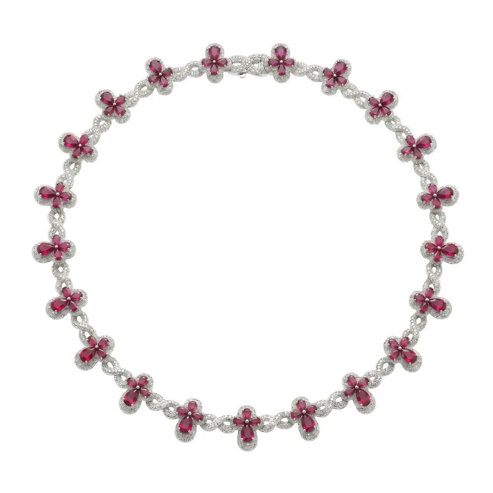 Sterling Silver Rhodium Plated Red Moissanite Infinity Cross Necklace