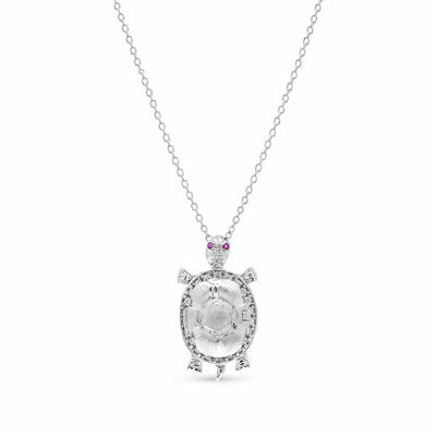 Sterling Silver Rhodium Plated Clear And Red Moissanite Turtle Pendant Necklace