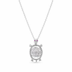 Sterling Silver Rhodium Plated Clear And Red Moissanite Turtle Pendant Necklace