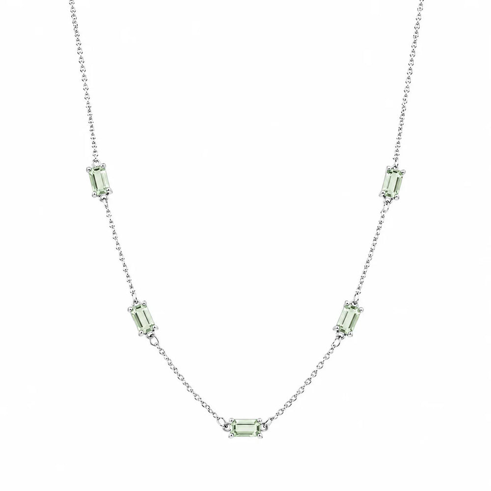 Sterling Silver Rhodium Plated Green Moissanite Dainty Baguette Charm Adjustable Necklace
