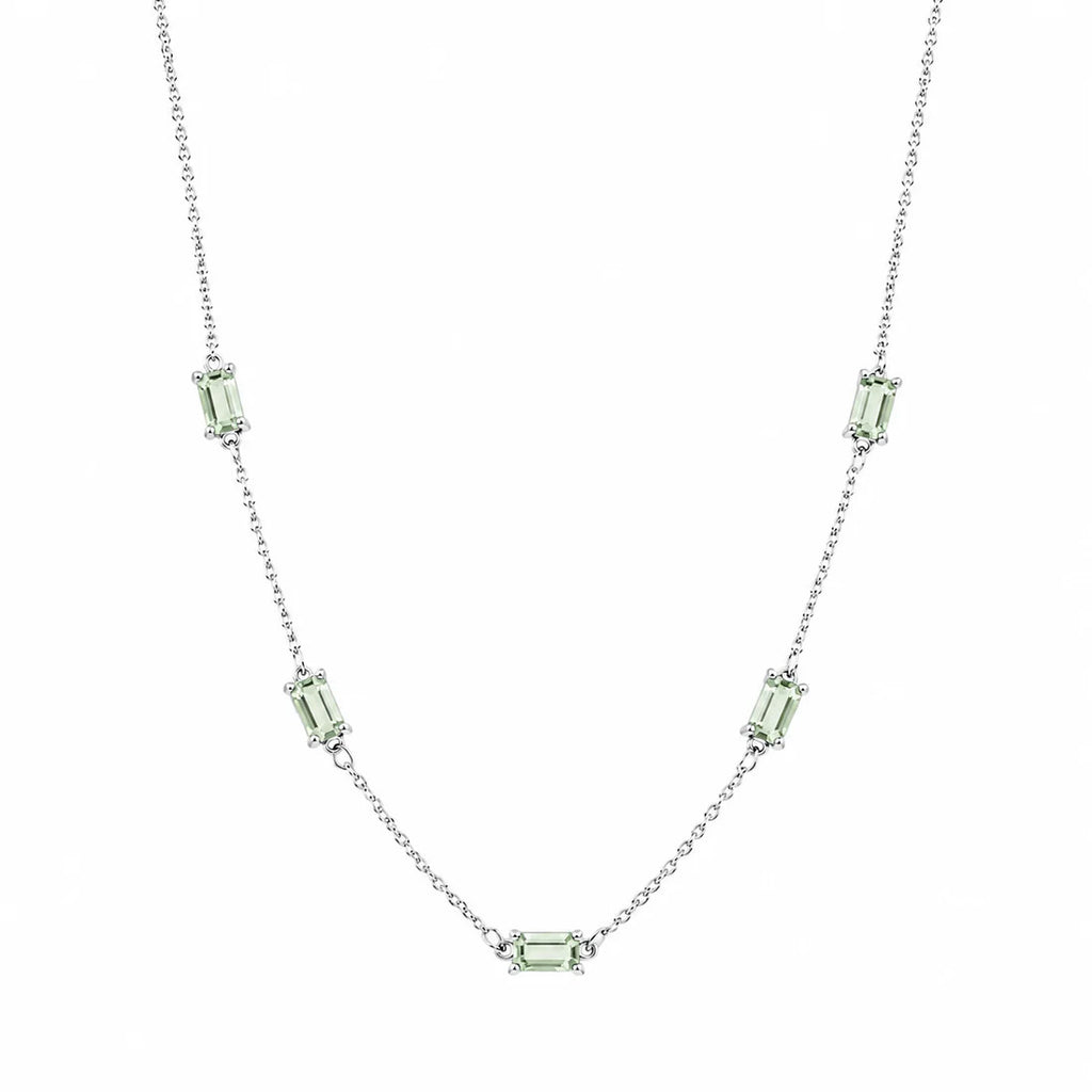 Sterling Silver Rhodium Plated Green Moissanite Dainty Baguette Charm Adjustable Necklace