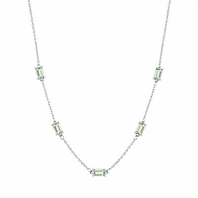 Sterling Silver Rhodium Plated Green Moissanite Dainty Baguette Charm Adjustable Necklace