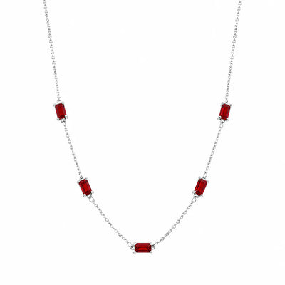Sterling Silver Rhodium Plated Red Moissanite Dainty Baguette Charm Adjustable Necklace