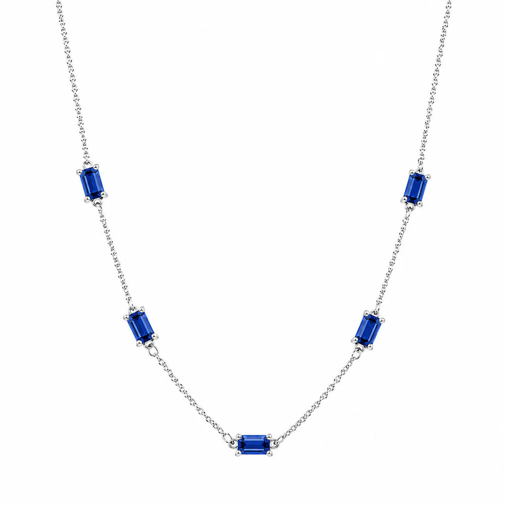 Sterling Silver Rhodium Plated Sapphire Moissanite Dainty Baguette Charm Adjustable Necklace