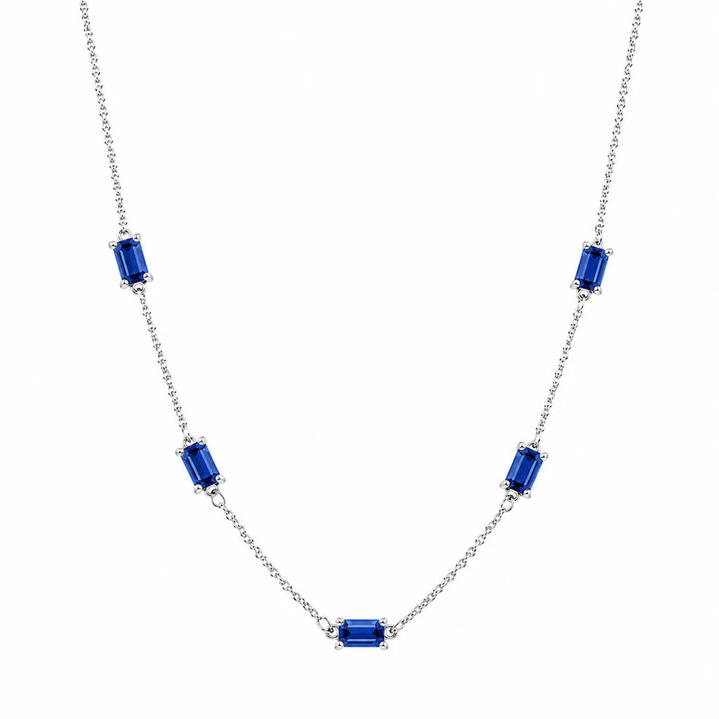 Sterling Silver Rhodium Plated Sapphire Moissanite Dainty Baguette Charm Adjustable Necklace