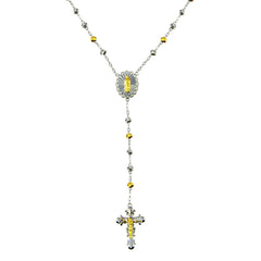 Sterling Silver Two Tone Plated Moissanite Diamond Cut Beaded  Rosary Necklace