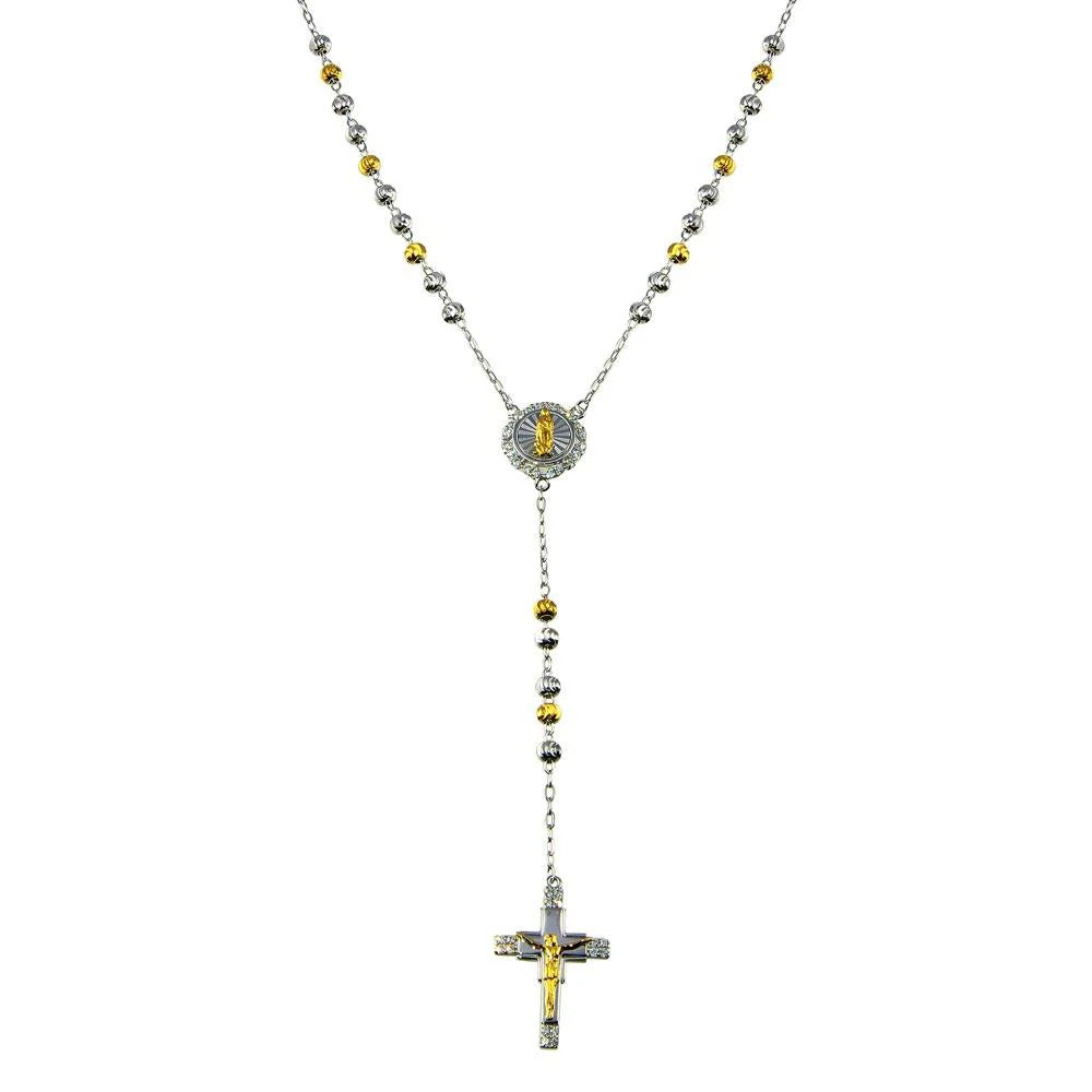 Sterling Silver Two Tone Plated Moissanite Diamond Cut Beaded Cross Rosary Necklace
