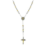 Sterling Silver Two Tone Plated Moissanite Diamond Cut Beaded Cross Rosary Necklace