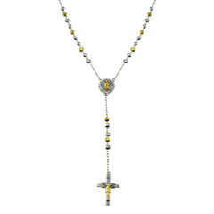 Sterling Silver Two Tone Plated Moissanite Diamond Cut Beaded Cross Rosary Necklace