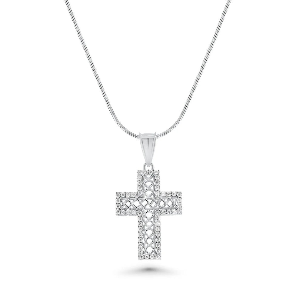 Sterling Silver Rhodium Plated Moissanite Rope Design Cross Pendant