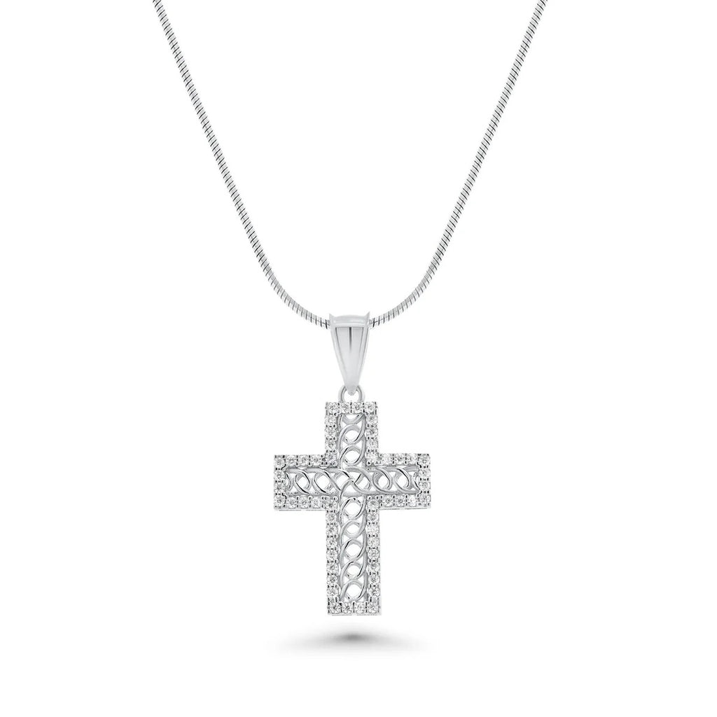 Sterling Silver Rhodium Plated Moissanite Rope Design Cross Pendant