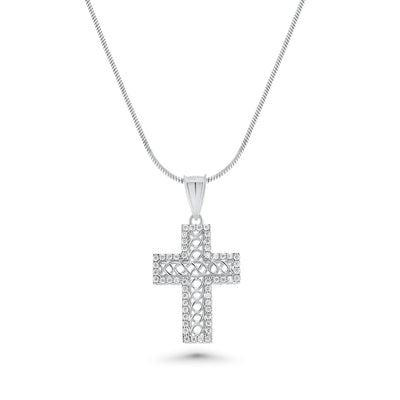 Sterling Silver Rhodium Plated Moissanite Rope Design Cross Pendant