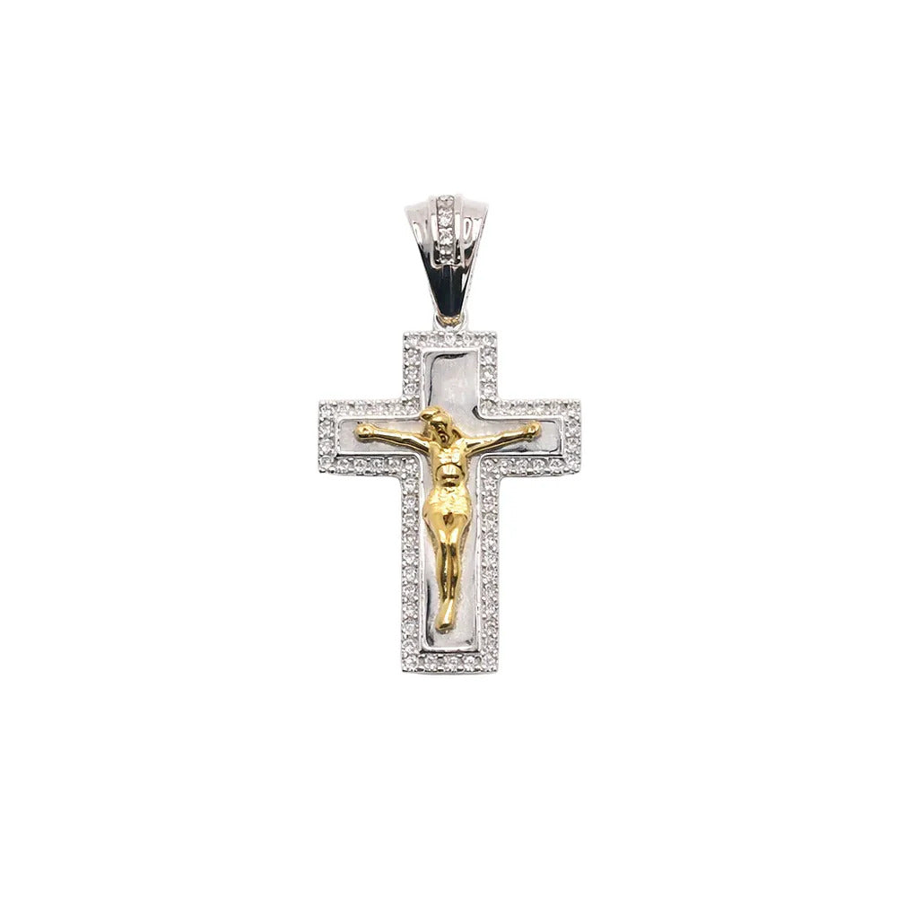 Sterling Silver Two Tone Plated Moissanite Crucifix Cross Pendant