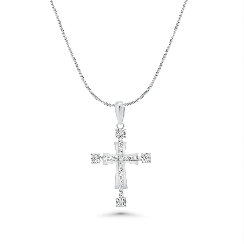 Sterling Silver Rhodium Plated Moissanite Double Layer Cross Pendant