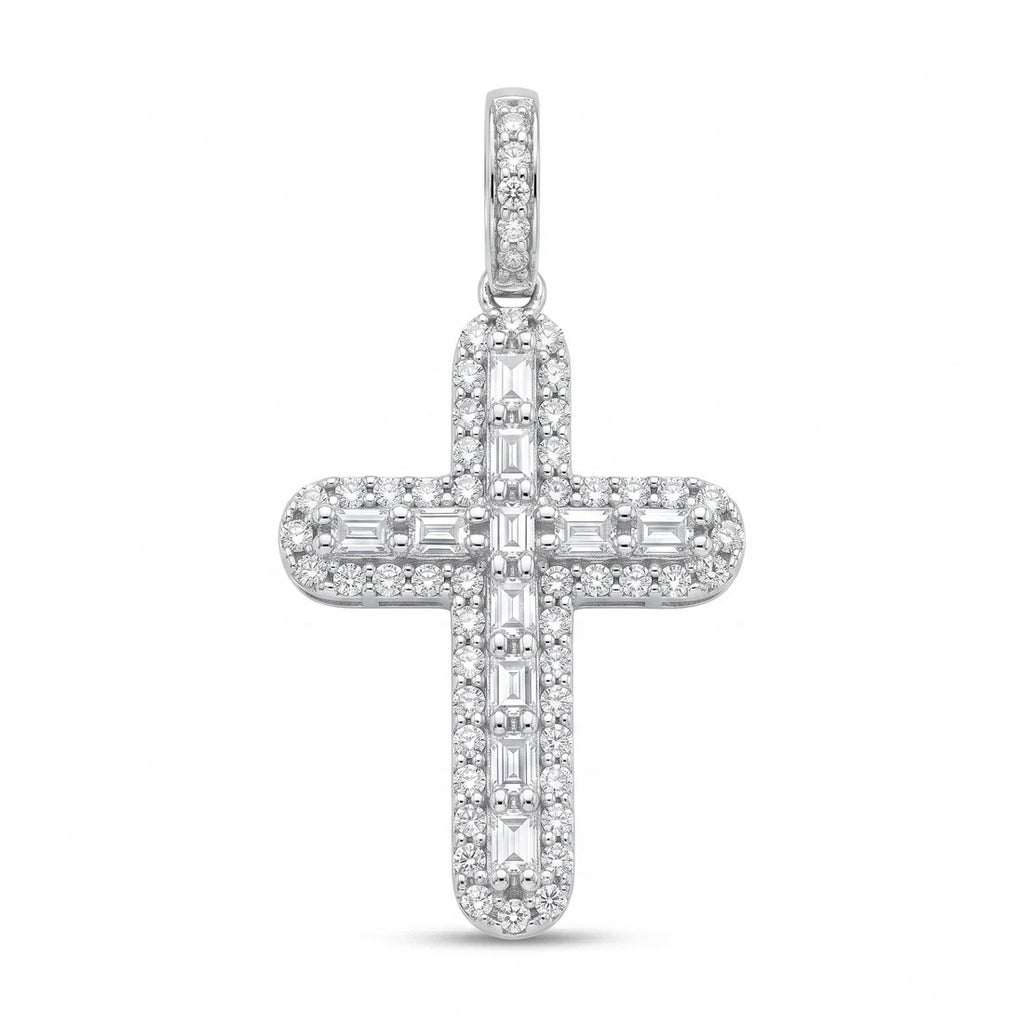 Sterling Silver Rhodium Plated Moissanite Multi Color Bagguette Pave Cross Pendant