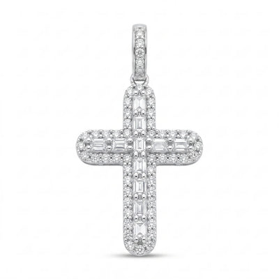 Sterling Silver Rhodium Plated Moissanite Multi Color Bagguette Pave Cross Pendant