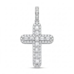 Sterling Silver Rhodium Plated Moissanite Multi Color Bagguette Pave Cross Pendant