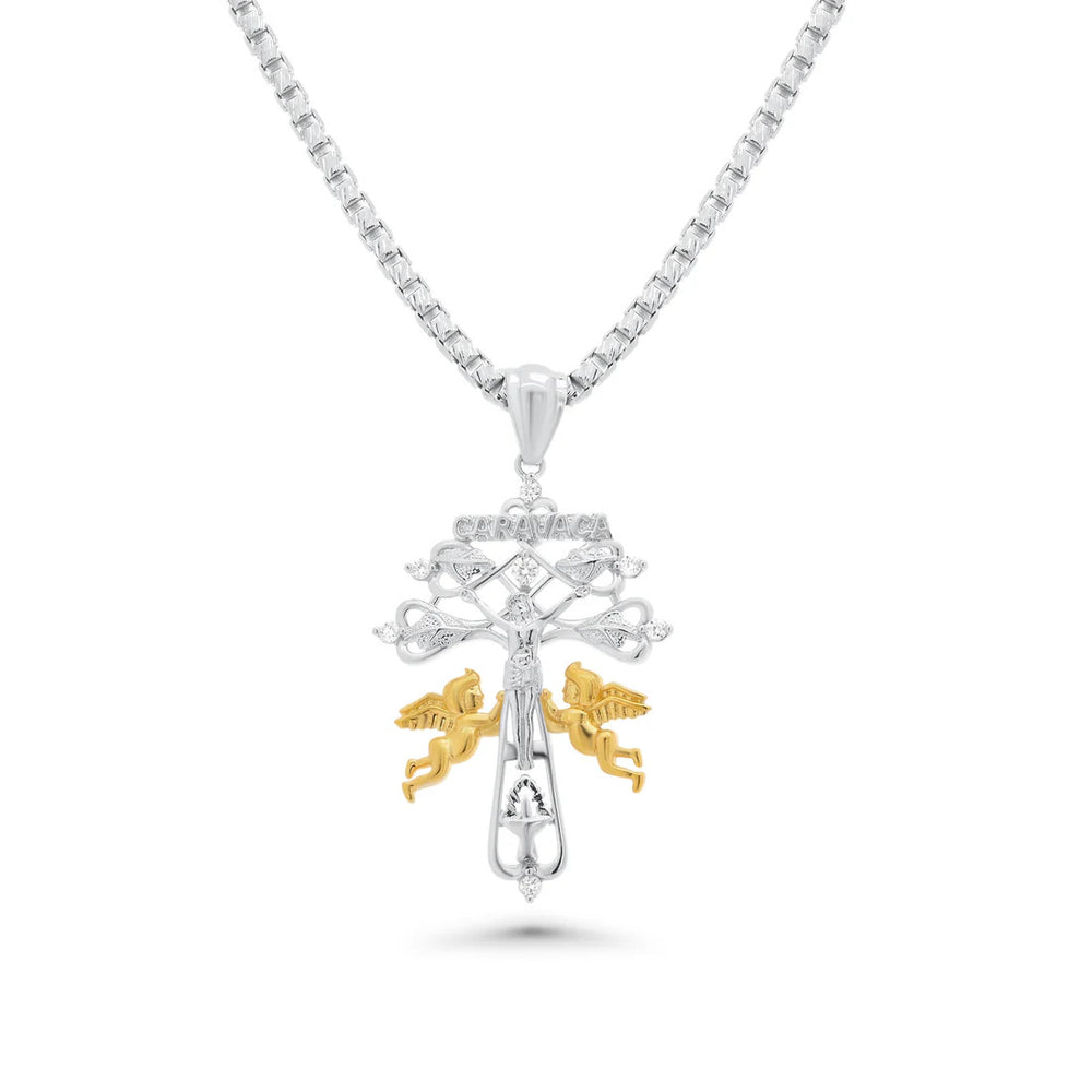 Sterling Silver Two Tone Plated Moissanite Crucifix Jesus Cross Cherubs Caravaca Pendant