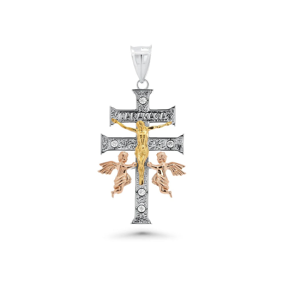 Sterling Silver Three Tone Plated Moissanite Small Crucifix Cherubs Caravaca Pendant