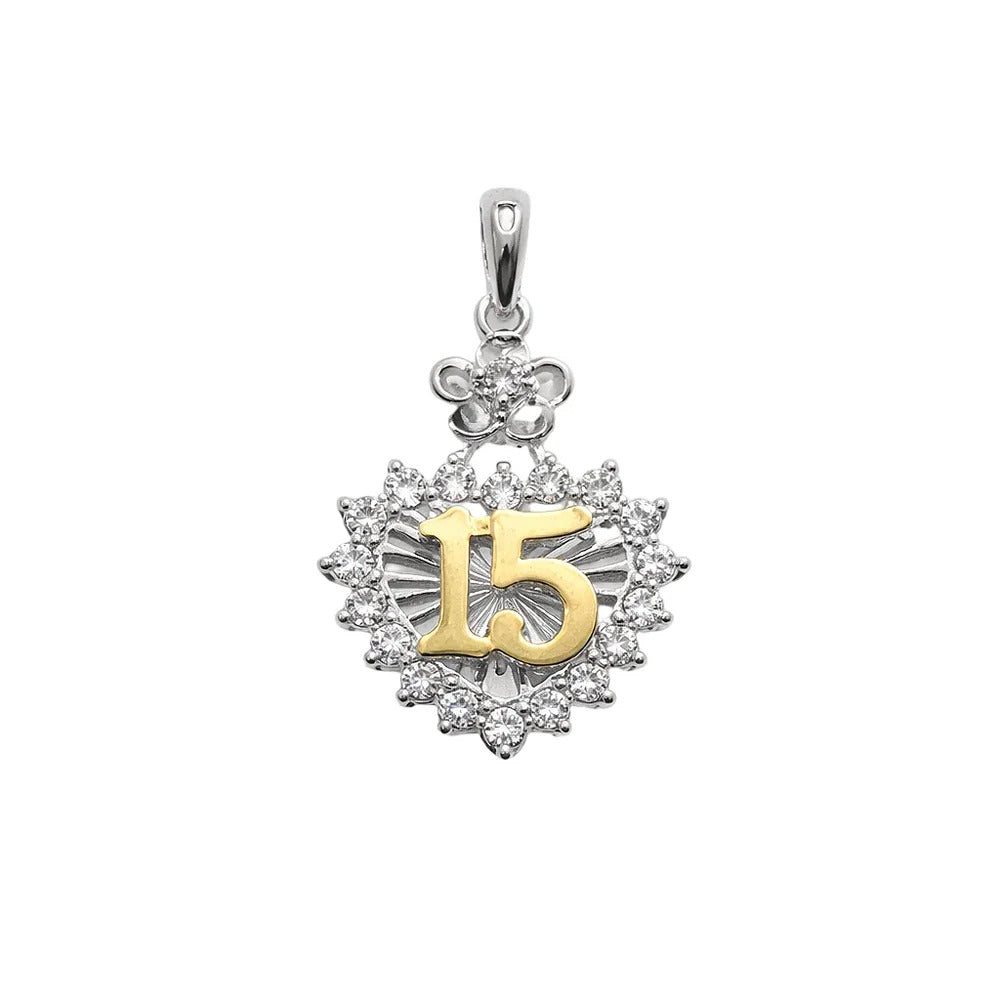 Sterling Silver Two Tone Plated Moissanite Quinceanera Floral Halo Heart Pendant