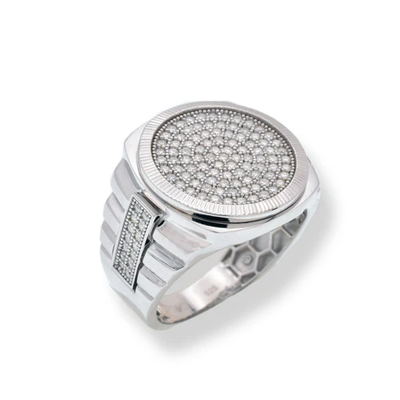 Sterling Silver Rhodium Plated Men's Moissanite Stone Diamond Cut Round Bezel Statement Ring