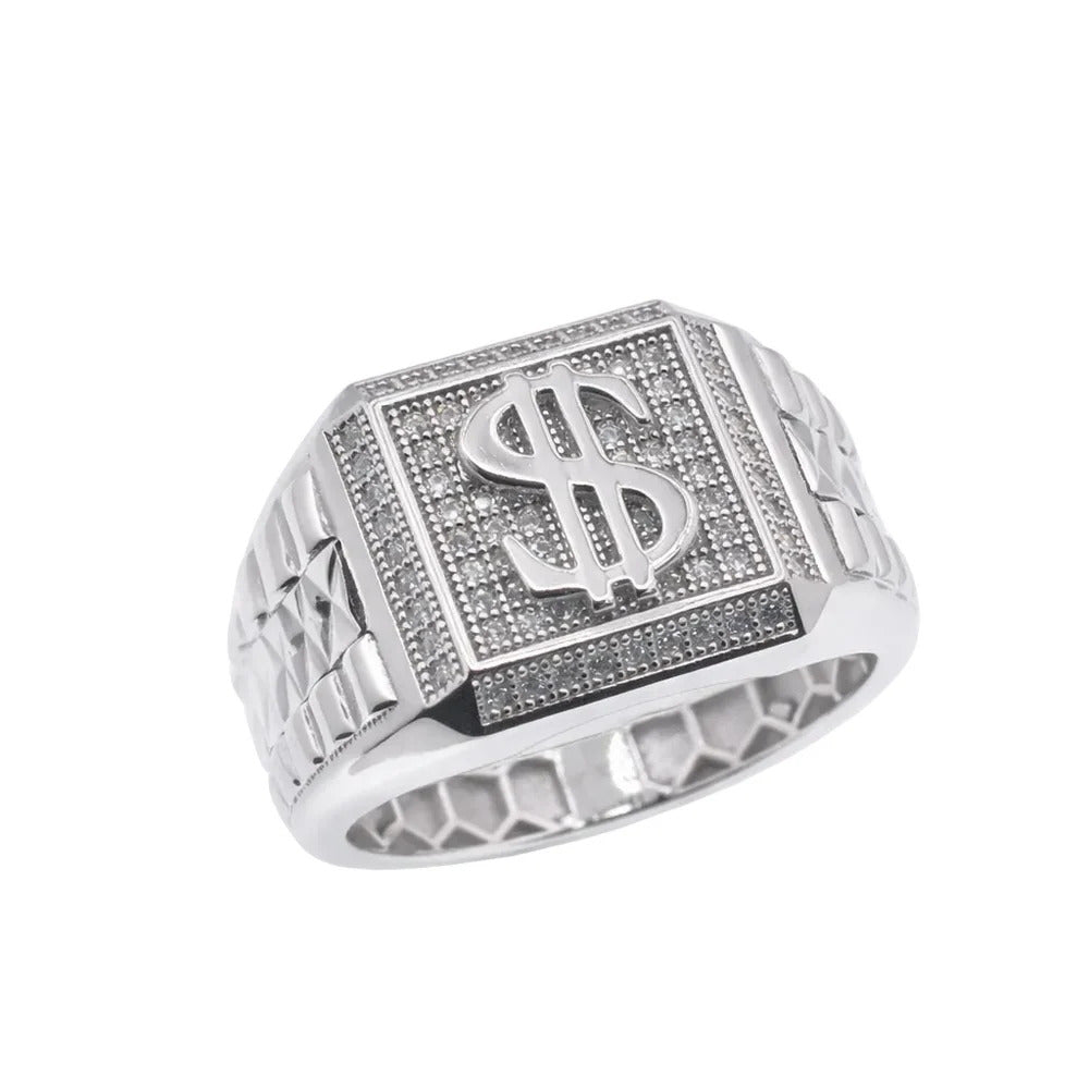 Sterling Silver Rhodium Plated Moissanite Men's Iced Dollar Sign Statement Ring