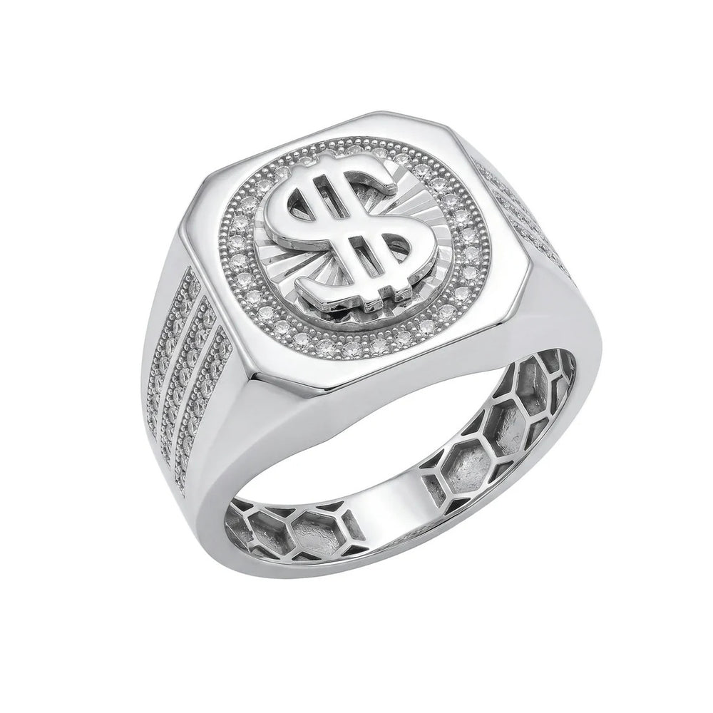 Sterling Silver Rhodium Plated Moissanite Men's Dollar Sign Pave Halo Ring