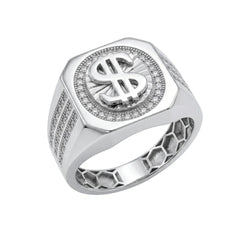 Sterling Silver Rhodium Plated Moissanite Men's Dollar Sign Pave Halo Ring