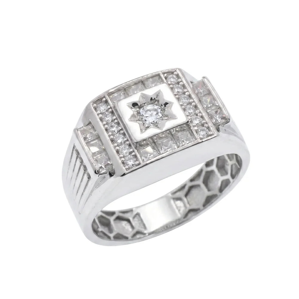 Sterling Silver Rhodium Plated Moissanite Men's Statement Radiant Signet Ring