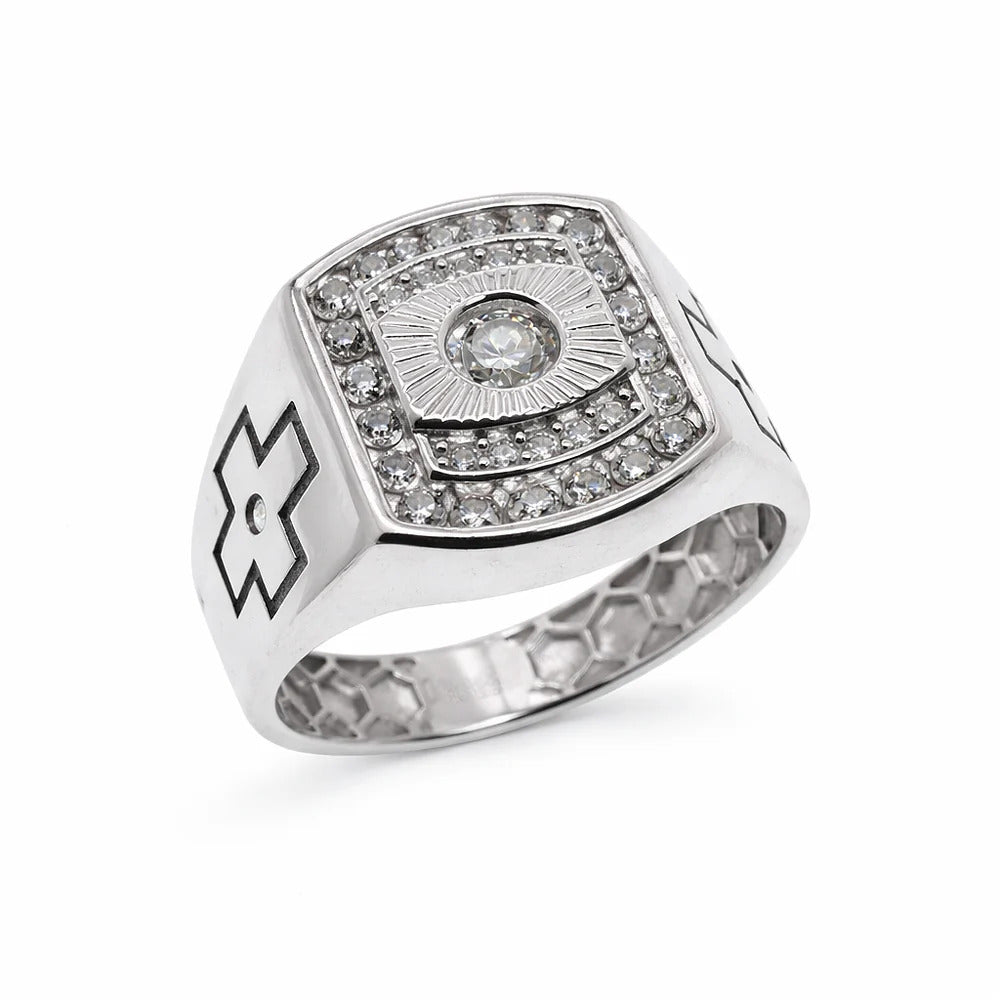 Sterling Silver Rhodium Plated Moissanite Square Halo Men's Statement Ring