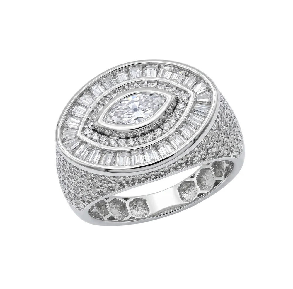 Sterling Silver Rhodium Plated Moissanite Men's Oval Marquise Halo Ring