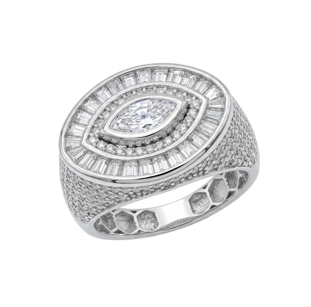 Sterling Silver Rhodium Plated Moissanite Men's Oval Marquise Halo Ring