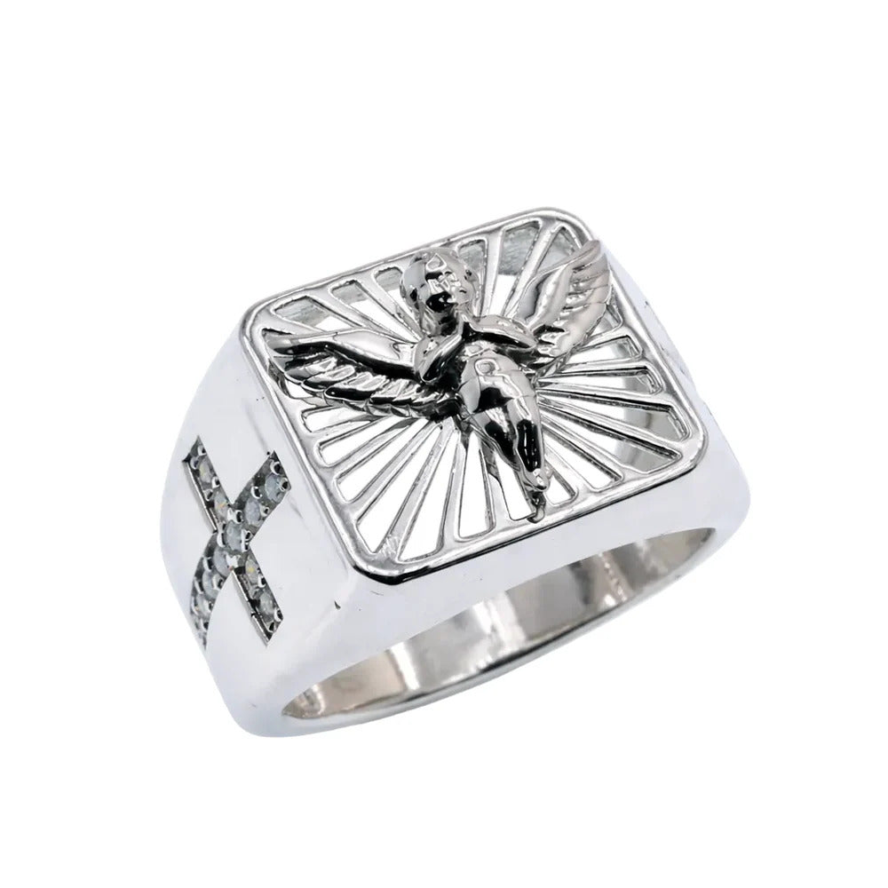 Sterling Silver Rhodium Plated Men's Moissanite Angel Radiant Signet Cross Accent Ring