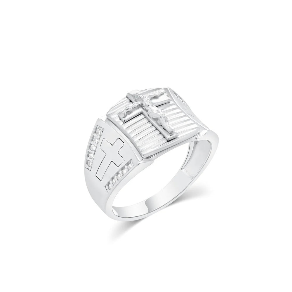 Sterling Silver Rhodium Plated Men's Moissanite Iced Cross Accents With Detailed Jesus Center Ring