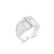 Load image into Gallery viewer, Sterling Silver Rhodium Plated Men's Moissanite Iced Cross Accents With Detailed Jesus Center Ring