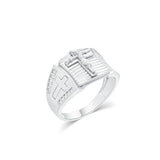 Sterling Silver Rhodium Plated Men's Moissanite Iced Cross Accents With Detailed Jesus Center Ring