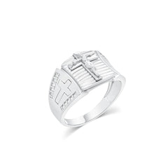 Sterling Silver Rhodium Plated Men's Moissanite Iced Cross Accents With Detailed Jesus Center Ring
